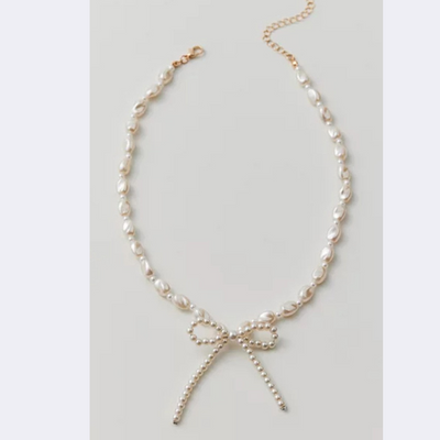 BEADED PEARL BOW TIE NECKLACE